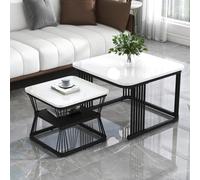 Merax Lot de 2 tables d'appoint modernes en MDF aspect marbre brillant blanc avec cadre en acier noir, table basse, table basse et table de salon, 65 x 65 x 45 cm et 45 x 45 x 39,5 cm