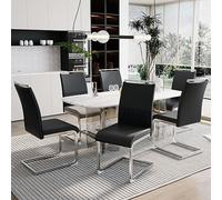 Merax Lot de 6 chaises de salle à manger à dossier haut en cuir synthétique PU et lin, structure en métal, chaises de cuisine modernes, rembourrées pour salon, salle de conférence, noires