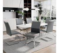 Merax Lot de 6 chaises de salle à manger à dossier haut en cuir synthétique PU et lin, structure en métal, chaises de cuisine modernes, rembourrées pour salon, salle de conférence, grises