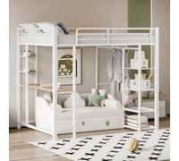 Merax Métal Lit Mezzanine 90 x 200 cm, avec Bureau, Einfach Garde-Robe, et Étagère, Multifonctionnel Lit Mezzanine 1 Place avec Escalier, Blanc (sans Matelas)
