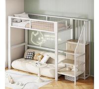 Merax Métal Lit Mezzanine 90 x 200 cm, avec Garde-Robe, Multifonctionnel Lit Mezzanine 1 Place avec Escalier, Blanc (sans Matelas)