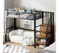 Merax Métal Lit Mezzanine 90 x 200 cm, avec Garde-Robe, Multifonctionnel Lit Mezzanine 1 Place avec Escalier, Noir (sans Matelas)