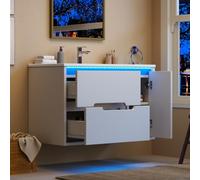 Merax Meuble de lavabo avec lavabo en céramique, 81 cm, montage mural avec éclairage LED contrôlé par application, aspect vague, 2 tiroirs et porte, fermeture douce, étagères réglables, blanc