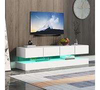 Merax meuble et tv bas brillant avec éclairage LED moderne - Meuble TV avec tiroirs - Pour téléviseur de 155 cm - Contrôle par application - Blanc