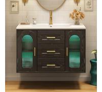 Merax Meuble Salle de Bain Suspendu 76 cm avec Vasque Céramique, Meuble Vasque avec 2 Tiroirs, 2 Portes en Verre Rainuré, Éclairage LED, Étagères Réglables, Décor Bois Noir, sans Robinet