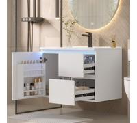 Merax Meuble sous-vasque avec capteur radar à LED, 2 tiroirs, porte avec étagère, meuble de salle de bains suspendu, vasque en céramique, 76x46x50cm, blanc