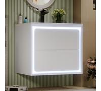 Merax Meuble sous-vasque, capteur radar LED, 2 tiroirs, armoire de salle de bains suspendue, vasque en céramique, petite vasque, 60x46x50cm, blanc