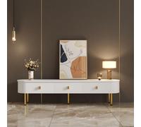 Merax Meuble TV 3 tiroirs,Buffet bas avec poignées et pieds dorés, bords incurvés, finition laquée, 174 x 35 x 41 cm - Blanc et or