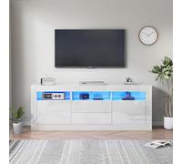 Merax Meuble TV à LED blanc brillant avec commande par application, Bluetooth, 3 compartiments ouverts, 2 portes, 2 tiroirs, push-to-open, pour téléviseur jusqu'à 70", 160 x 35 x 60 cm
