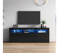 Merax Meuble TV à LED noir brillant avec commande par application, Bluetooth, 3 compartiments ouverts, 2 portes, 2 tiroirs, push-to-open, pour téléviseur jusqu'à 70", 160 x 35 x 60 cm