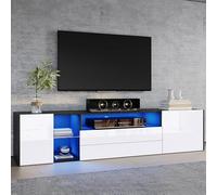 Merax Meuble TV avec LED brillant avec 2 portes et 2 tiroirs - Meuble TV pour téléviseur jusqu'à 75" - Meuble TV bas pour salon, chambre à coucher, salle à manger - 180 cm - Noir et blanc