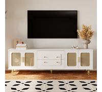 Merax Meuble TV avec tiroirs et portes, buffet bas avec portes vitrées, Table TV vintage Table basse TV debout, 175x38x55,5 cm, Blanc