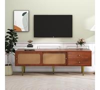 Merax Meuble TV bas avec 2 tiroirs et 2 portes coulissantes, meuble TV en rotin tressé avec pieds en métal, 160*40*60cm, marron vintage
