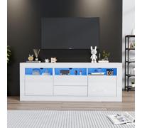 Merax Meuble TV bas avec éclairage LED, 160 cm, blanc brillant, système push-to-open, grand espace de rangement pour meubles de salon, commande Bluetooth pour éclairage LED
