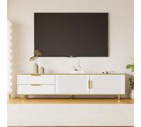 Merax Meuble TV Bas, Buffet avec Portes sculptées et poignées dorées, Meuble de Salon avec Finition marbre, Design Moderne et élégant, Blanc et Or 175x40x45cm