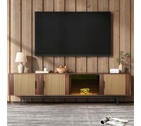 Merax Meuble TV LED Lowboard Moderne avec Porte en Verre Trempé, Lowboard Design à Texture Sculptée, Meuble TV avec Éclairage Contrôlable,200x35x53 cm,Noir + Brun Noyer