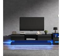 Merax Meuble TV noir brillant de 160 cm avec éclairage LED, meuble TV bas avec 2 tiroirs et design anti-basculement, meuble TV pour téléviseur de 160 ", meuble de salon