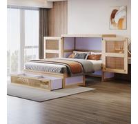 Merax Murphy Lit d'armoire 140 x 200 cm, pliable, mural, avec sommier à lattes, avec tiroirs de rangement, design rotin, peu encombrant, charge maximale 150 kg, couleur bois (sans matelas)