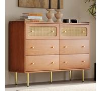 Merax Sideboard 120 cm avec 6 tiroirs, commode en bois massif avec tressage en rotin, highboard en bois avec pieds en métal, aspect noyer vintage, salon