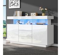 Merax Sideboard blanc brillant avec LED, armoire polyvalente en panneau de particules et acrylique, commode 140x35x80 cm avec 3 tiroirs et 2 portes, armoire vitrine