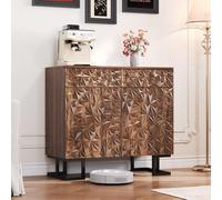 Merax Sideboard Commode 80x40x78cm avec 2 tiroirs et portes, relief de feuilles en imitation noyer avec pieds en métal, sideboard sans poignées - Salon, salle à manger, marron