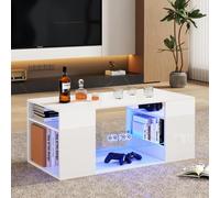 Merax Table basse avec éclairage LED, blanc brillant, moderne, pour salon, 96 x 45 x 45 cm, table d'appoint avec changement de couleur et espace de rangement, table basse LED pour salon et bureau