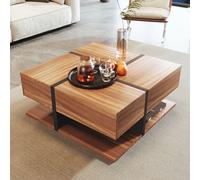 Merax Table basse avec tiroirs cachés, Table d'appoint au design géométrique, Table de salon avec veines de bois en couleur chêne, L/H/P : 78/36/78m
