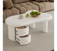 Merax Table basse blanche 97x64x42cm, Forme irrégulière avec 2 tiroirs, Table de salon de rangement avec design moderne en MDF, Sécurité enfants