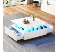 Merax Table basse blanche avec éclairage LED - Table de salon moderne 70 x 70 x 41 cm avec 2 tiroirs - Table d'appoint multifonction pour canapé et table basse