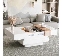 Merax Table basse carrée moderne extensible avec plateau coulissant - Table basse multifonction avec espace de rangement caché - Table basse brillante pour bureau à domicile - Blanc et couleur bois