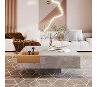 Merax Table basse de salon table d'appoint avec boîte de rangement amovible, effet lumineux LED, gris béton et couleur bois (72x72x30 cm)