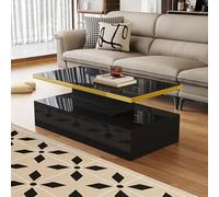Merax Table basse LED avec tiroirs, brillant, moderne, table de salon avec deux niveaux de rangement, table de café multifonctionnelle, table de canapé, 100 x 50 x 39 cm, Noir