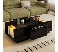 Merax Table basse moderne 105 x 50 x 35 cm avec LED, 16 couleurs, plateau en verre, 2 tiroirs, pour salon, noir
