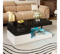 Merax Table basse moderne 90 x 45 x 35,5 cm avec LED, étagère en verre, surface brillante, pour salon, noir et blanc