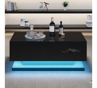 Merax Table basse noire 90 x 50 x 38 cm, haute brillance, avec éclairage LED, 2 tiroirs, table de salon moderne avec design géométrique, table d'appoint contrôlable via application mobile