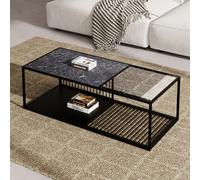 Merax Table basse noire avec plateau en verre marbré, table basse en fer forgé avec verre, grand espace de rangement, table d'appoint avec cadre en fer