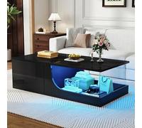 Merax Table basse noire brillante avec éclairage LED - Table d'appoint moderne avec 2 tiroirs - Compartiment en verre ouvert - Vitrine unique - Table centrale rectangulaire