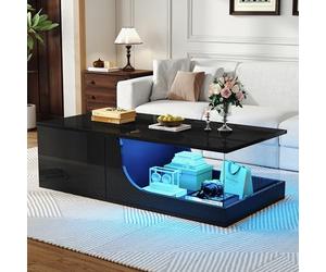 Merax Table basse noire brillante avec éclairage LED - Table d'appoint moderne avec 2 tiroirs - Compartiment en verre ouvert - Vitrine unique - Table centrale rectangulaire