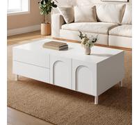 Merax Table basse rectangulaire de rangement 100 x 50 x 39,5 cm, 2 tiroirs, 2 portes, motif arc, pieds tubulaires en acier - Blanc