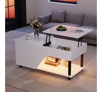 Merax Table basse réglable en hauteur 100 x 50 cm, table basse avec espace de rangement, table de salon avec compartiment caché et étagères réglables, table d'appoint moderne, blanche