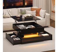Merax Table basse réglable en hauteur 65x65cm avec LED et 2 tiroirs, table d'appoint brillante avec espace de rangement et lumière intelligente via App, pour salon & petites pièces,Noir