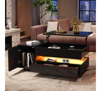Merax Table basse relevable avec LED, table basse avec tiroir et placard, table d'appoint brillante avec espace de rangement caché, espace de rangement semi-ouvert,Noir