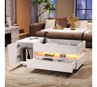Merax Table basse relevable avec LED, table de salon avec tiroir et placard, table d'appoint brillante avec espace de rangement caché, espace de rangement semi-ouvert,Blanc