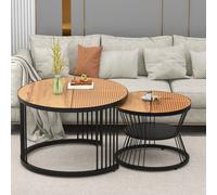 Merax Table basse ronde, table d'appoint avec cadre métallique (2-St), plateau de table en bois et poly rotin, style campagnard
