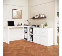 Merax Table d'angle 120 x 48 x 78 cm, avec plateau rotatif à 360°, en forme de L ou droit, 4 compartiments et 4 tiroirs, anti-basculement, pour bureau et bureau à domicile, blanc