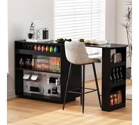 Merax Table de bar avec espace de rangement, compartiments ouverts, 2 tiroirs, portes coulissantes en verre, plaque perforée, station de charge, éclairage LED, îlot de cuisine avec plan de travail
