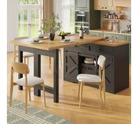 Merax Table de bar extensible avec espace de rangement, îlot de cuisine rotatif à 360°, table à manger extensible avec espace de rangement, porte coulissante de grange, tiroirs cachés, noir, 120-197