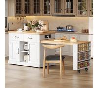 Merax Table de bar extensible - îlot de cuisine multifonction avec bar, table à manger extensible jusqu'à 235 cm, ports de charge (USB/AC), design robuste pour cuisine et salle à manger, buffet