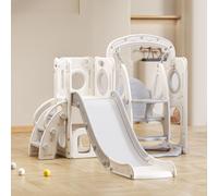 Merax Toboggan 5 en 1 avec balançoires, panier de basket-ball, espace de rangement et échelle antidérapante, toboggan de jardin en PEHD pour enfants, Blanc