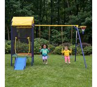 Merax Tour de jeu d'extérieur 4 en 1 avec trampoline, double balançoire, toboggan et panier de basket, aire de jeux pour enfants pour le jardin, avec filet de sécurité et cadre en fer solide, jaune et